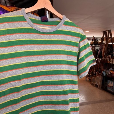 1990s Vintage BRITTANIA T-shirt Green Grey Striped Basic Tee