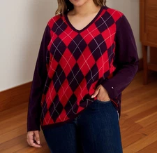 Tommy Hilfiger Womens Argyle V Neck Sweater Aubergine Chili Pepper Size 2X NWT