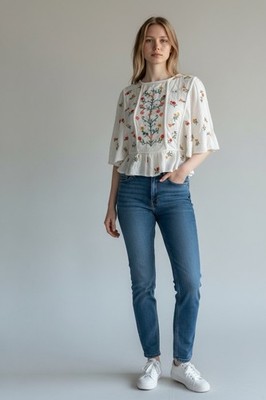 Boho Gauze Embroidered Flutter Sleeve Ruffled Hem Top Size Small