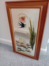 Vintage framed hand painted mirror of a swan and swallow