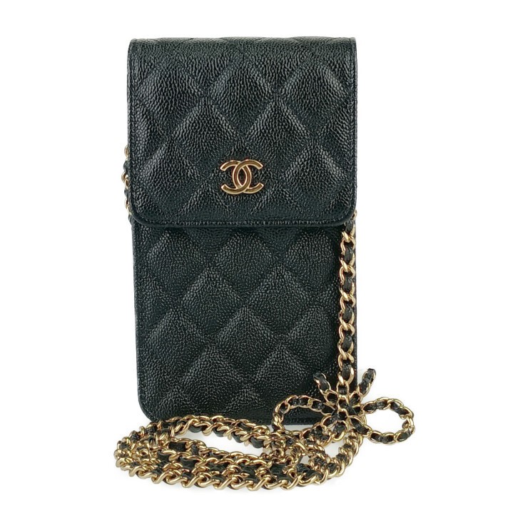 CHANEL Matelassé black caviar shoulder phone holder bag AP3307 excellent condition