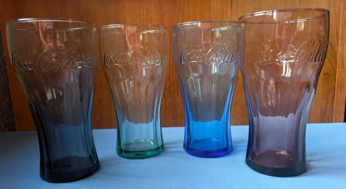 4 vtg McDonalds promo 6" COCA-COLA 16 fl oz glass tumblers blue green purple brn