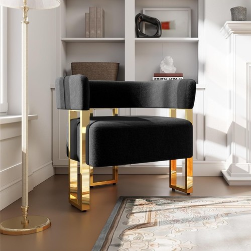 Modern Black and Gold Accent Chair Set of 2 Boucle Bucket Arm Chairs Bedroom - Picture 10 of 28