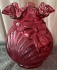Caprice Bow & Drape Vase Cranberry Vintage Fenton Glass Ruffle Edge 6.5 H. X6” W