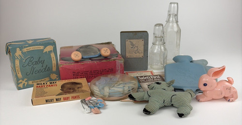 Vintage Baby Lot Toys Rattle Safety Pins Glass Bottles Bank Hankscraft Bowl