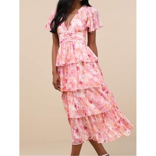 Lulu's Nalia Pink Abstract Print Tiered Tie-Back Midi Dress XL