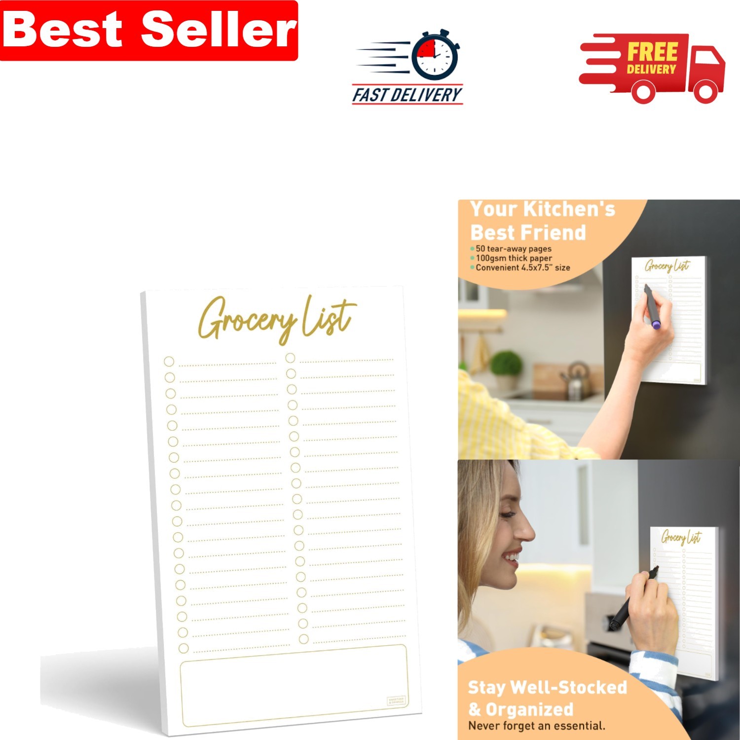 Magnetic Fridge Notepad for Grocery Lists - 4.5x7.5”, 50 Pages, Classic Style