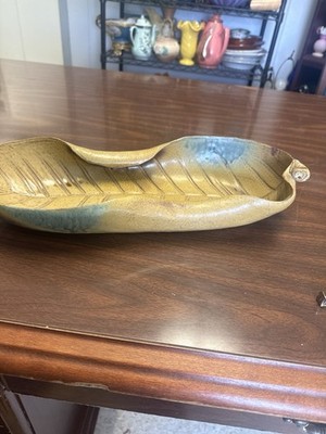 Studio Pottery Leaf Bowl 16  Signed Marked Yellow Green Glaze Ceramic Dish