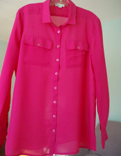 Poly Chiffon shirt blouse, M, long sleeve, button front, pockets, pink, Covet