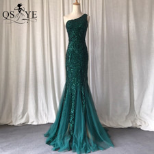 2023 One Shoulder Emerald Evening Dresses Green Sequined Long Mermaid Prom Gown