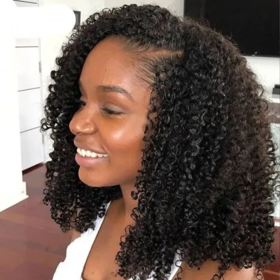 Pelucas camboyanas afro rizadas parte en V para mujeres cabello humano sin pegamento peluca Wear Go Foto 4 de 4