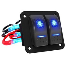 2 Gang Aluminum Switch Panel Waterproof ON/OFF 12V/24V Pre-Wired Blue LED