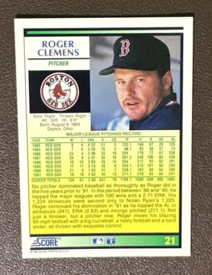 1992 Score 21 Roger Clemens Boston Red Sox Baseball Card Sharp