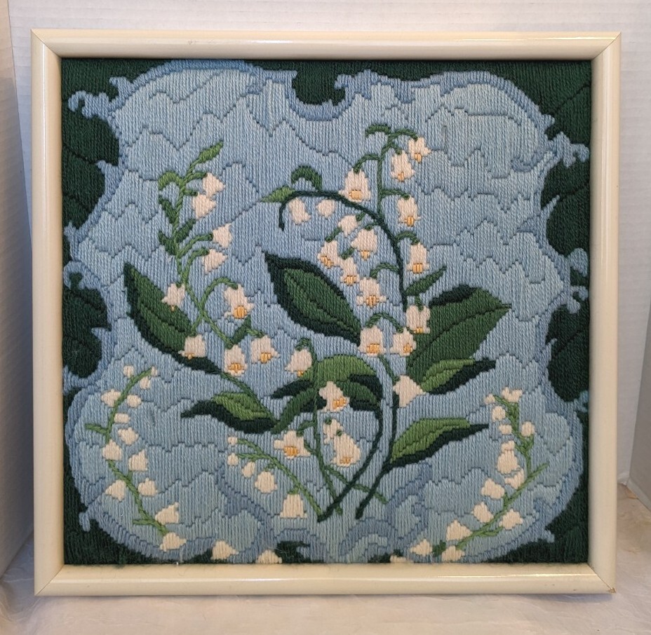 Lily Of The Valley Framed Needlepoint Vtg Long Stitch Crewel Embroidery Flower