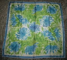 Vintage Vera square scarf, white with blue green abstract flower pattern