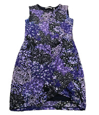 Tahari Womens Dress Sz XS Purple Floral Print Stretch Round Neck Sleeveless
