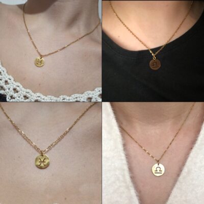 Stainless Steel Necklaces 12 Constellation Choker Pendants Aries Libra Collier