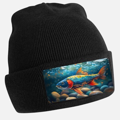 Black Cool Fish Print Beanie Hat - Unisex Cap, Cotton