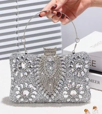 EVENING BAG-Silver w/Silver Jewels Rhinestones Clutch Bag Silver Handle
