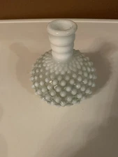 Vintage Fenton Moonstone Milk Glass Hobnail Perfume Bottle 5” blue