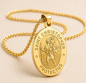 Authentic 18K Carat Gold Plated Large Saint St Christopher pendant chain necklace new