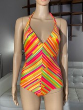 Vintage 1970s Catalina Nylon Neon Striped Swimsuit Halter Top Open Back