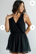 ASTR The Label Women's Black Sleeveless Surplice Ruffle Hem Romper Small