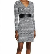 MICHAEL Michael Kors Herringbone V-Neck Dress with Faux Leather Trim NWOT Size M