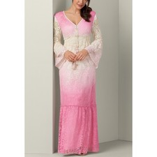 Venus Womens Long Crochet Embroidered Pink White Floral Ombre Maxi Dress sz M