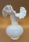 Vintage Fenton White Milk Glass Hobnail Ruffled Fluted Vase 11”