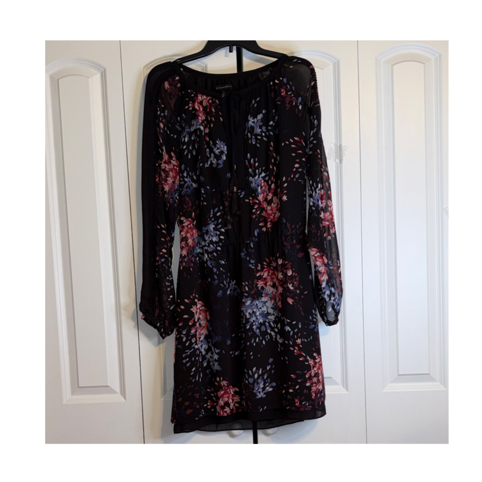 White House Black Market Women's Black Floral Chiffon Midi Dress Sheer LS Size 8