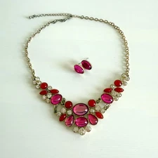 Charming Charlie Bib Necklace & Earrings Set – Red & Pink Rhinestones, Gold Tone