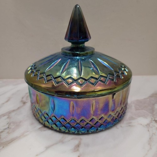 Vintage Indiana Glas blau Karneval schillernd Prinzessin bedeckt Süßigkeiten Schale