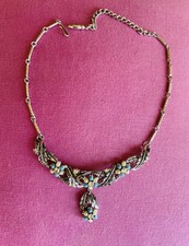 Pretty Silver Tone Faux Pearl Turquoise Beaded Rhinestone Drop Choker Necklace