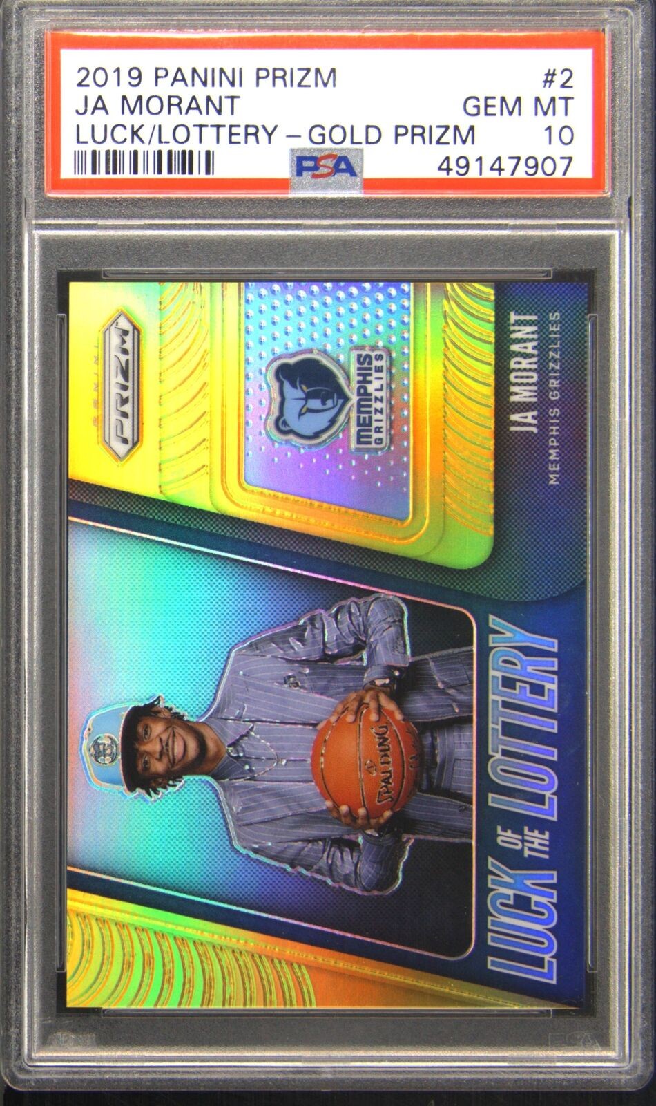 2019 PANINI PRIZM LUCK OF THE LOTTERY GOLD PRIZM #2 JA MORANT RC 5/10 PSA 10 view 1