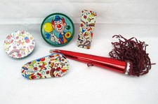 Vintage Tin Litho Noisemaker lot of 5 featuring Clowns Made In USA