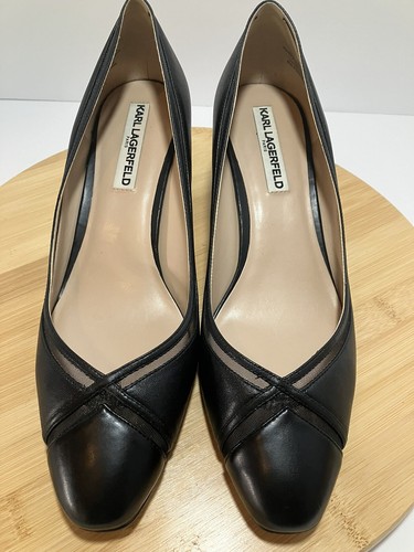KARL LAGERFELD PARIS Women's Agatha Black Leather Flare Gold Heel Pumps SZ 10 M - Picture 4 of 13