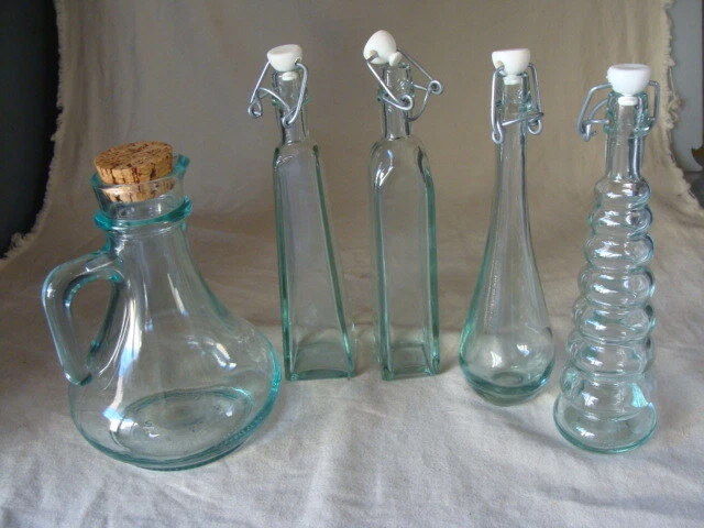 Green Glass Oil Vinegar Spices Flip Top Bottles & Small Pitcher Cruet Lot Of 5