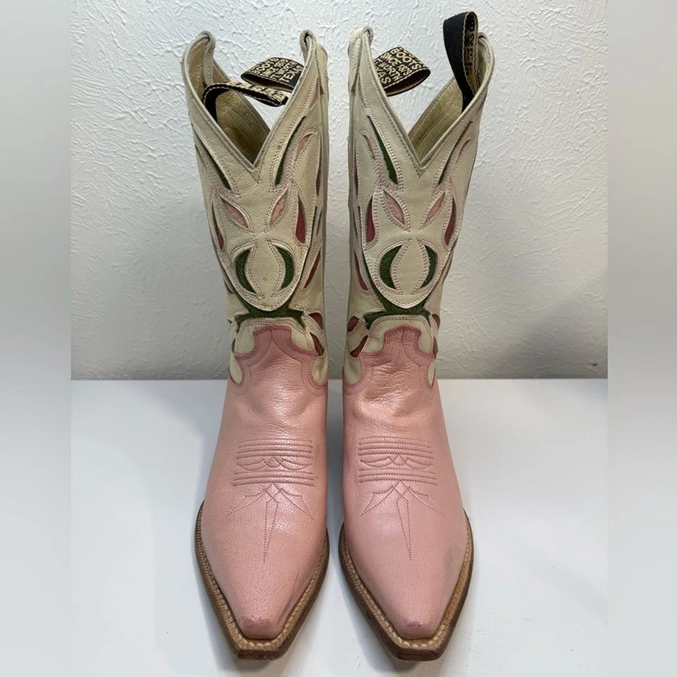 Justin Vintage Pink Floral Inlay Cowboy Western Boots 7.5 - Image 2 of 4