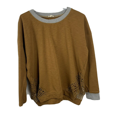 Hem & Thread Womans Pullover Top Brown Crochet Detail Size Small / Medium