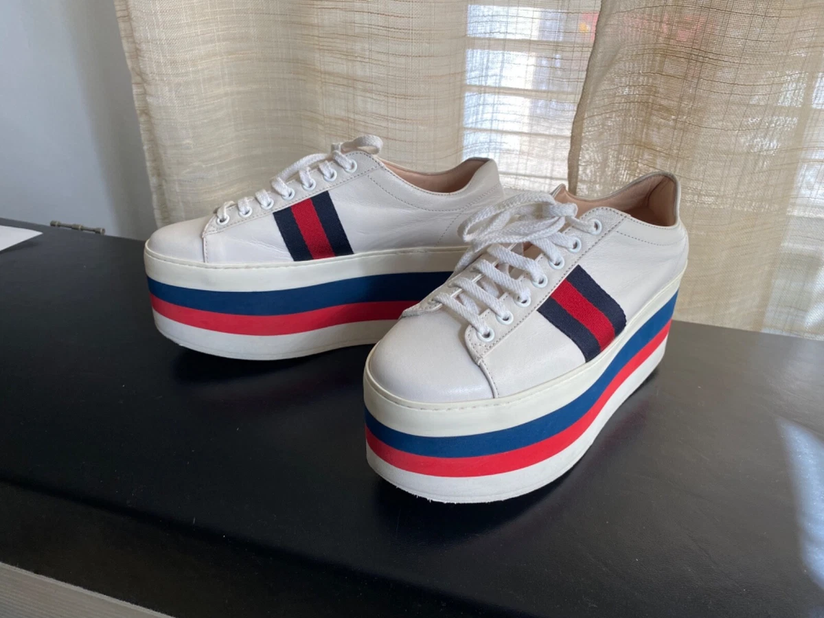 GUCCI white LEATHER RUBBER SHOES fashion sneakers 7.5 ITALY blue platform 37.5