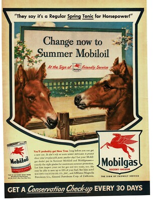 1943 Mobil Mobilgas Mobiloil Flying Red Horse Pegasus two colts Vintage Print Ad