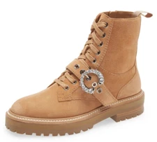 Jimmy Choo Womens Cora Crystal Suede Combat Ankle Boots Caramel IT 37.5 / US 7.5