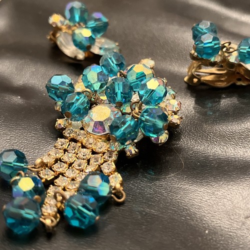 Vintage Brosche und Ohrringe Set Aqua Blau Eis Strass Clip On - Bild 7 von 13