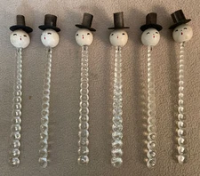 Vintage Set of 6 Plastic Sticks w/Wooden Snowman Heads Decor Ornaments