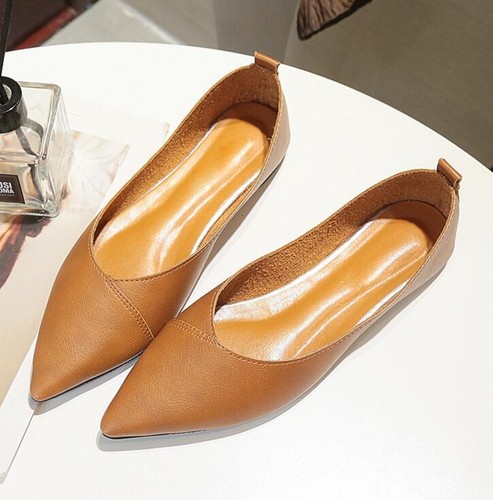 PU Leather Shoes Women Ballet Flats Pointed Toe Shallow Mouth Slip-on Loafer - Picture 1 of 17