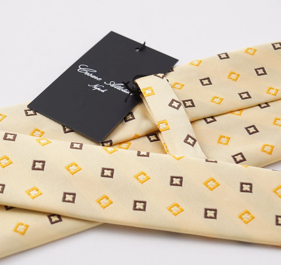 Gravata de seda jacquard tecido amarelo-ouro-marrom CESARE ATTOLINI NAPOLI nova com etiquetas US$ 295 - Imagem 3 de 4