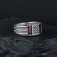 925 Men Silver Minimal Garnet Stone Handmade Red Gemstone Ring