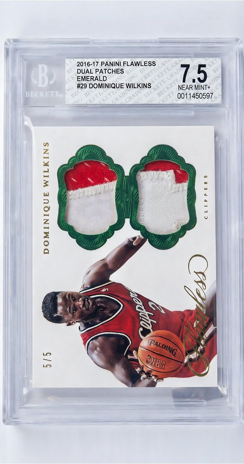 2016-17 Panini Flawless Dominique Wilkins Dual Patch Emerald /5 BGS 7.5 #29