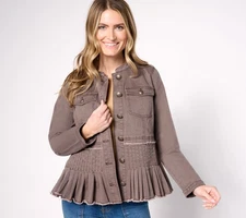 LOGO by Lori Goldstein Twill Jacket w/ Pleated Peplum Chocolate Torte 6 New